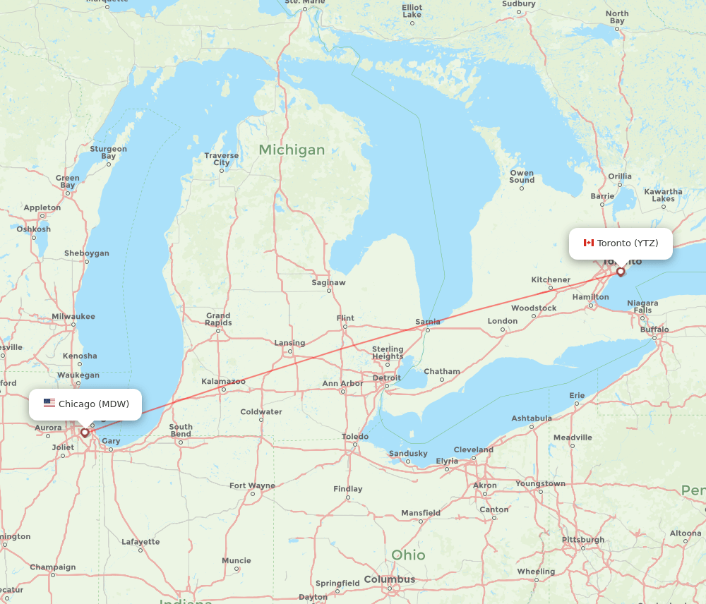 Toronto - Chicago route map and flight paths
