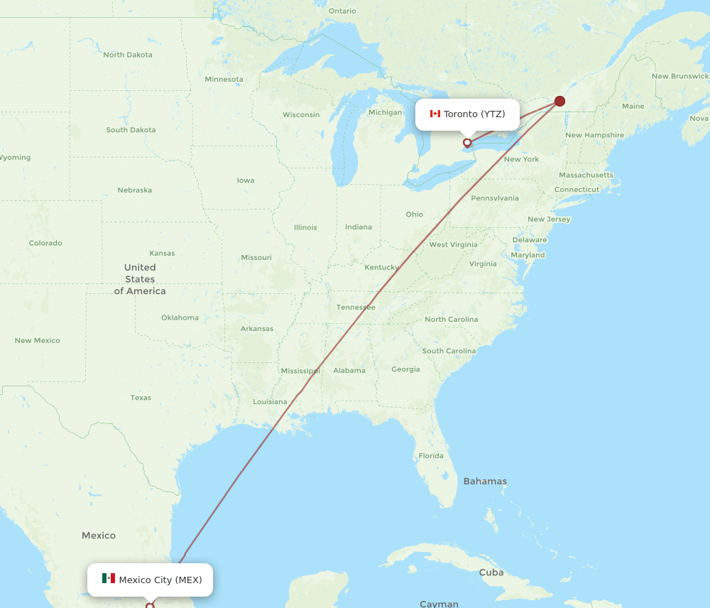 YTZ to MEX flights and routes map