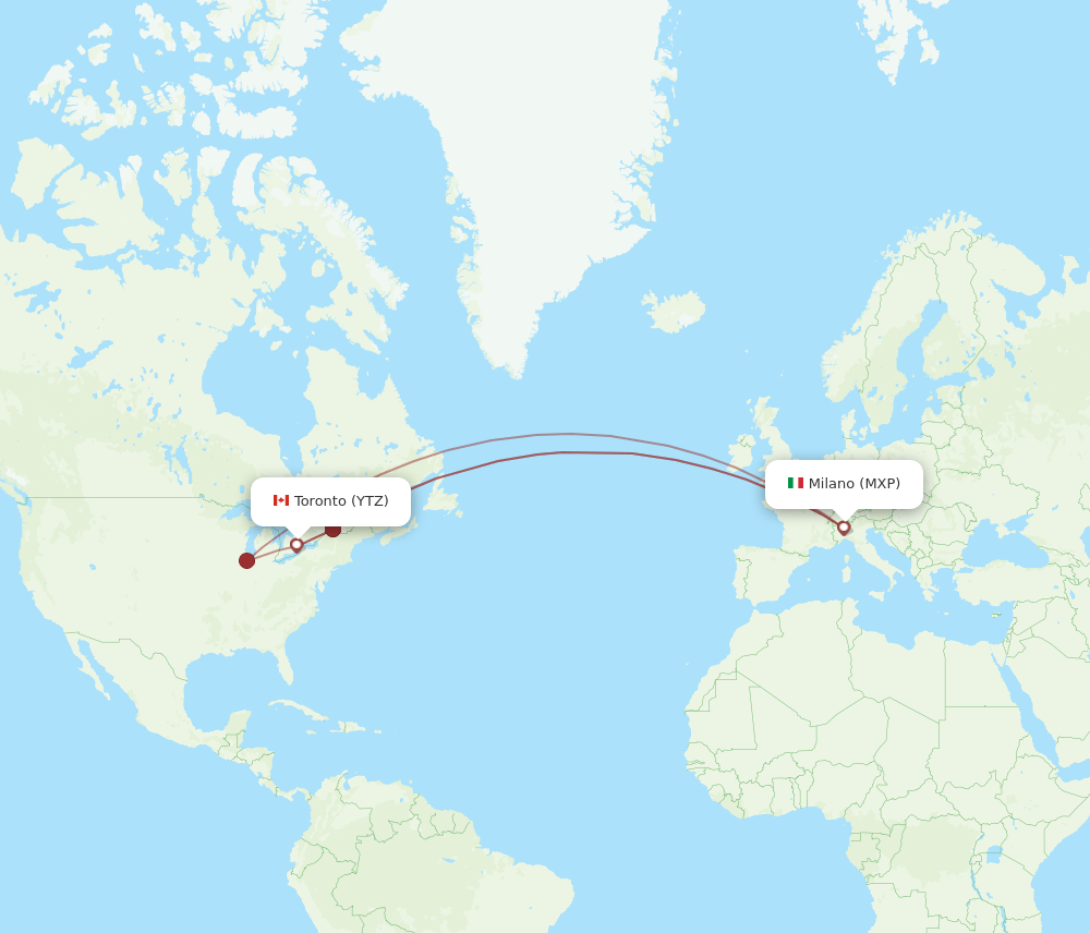 YTZ to MXP flights and routes map