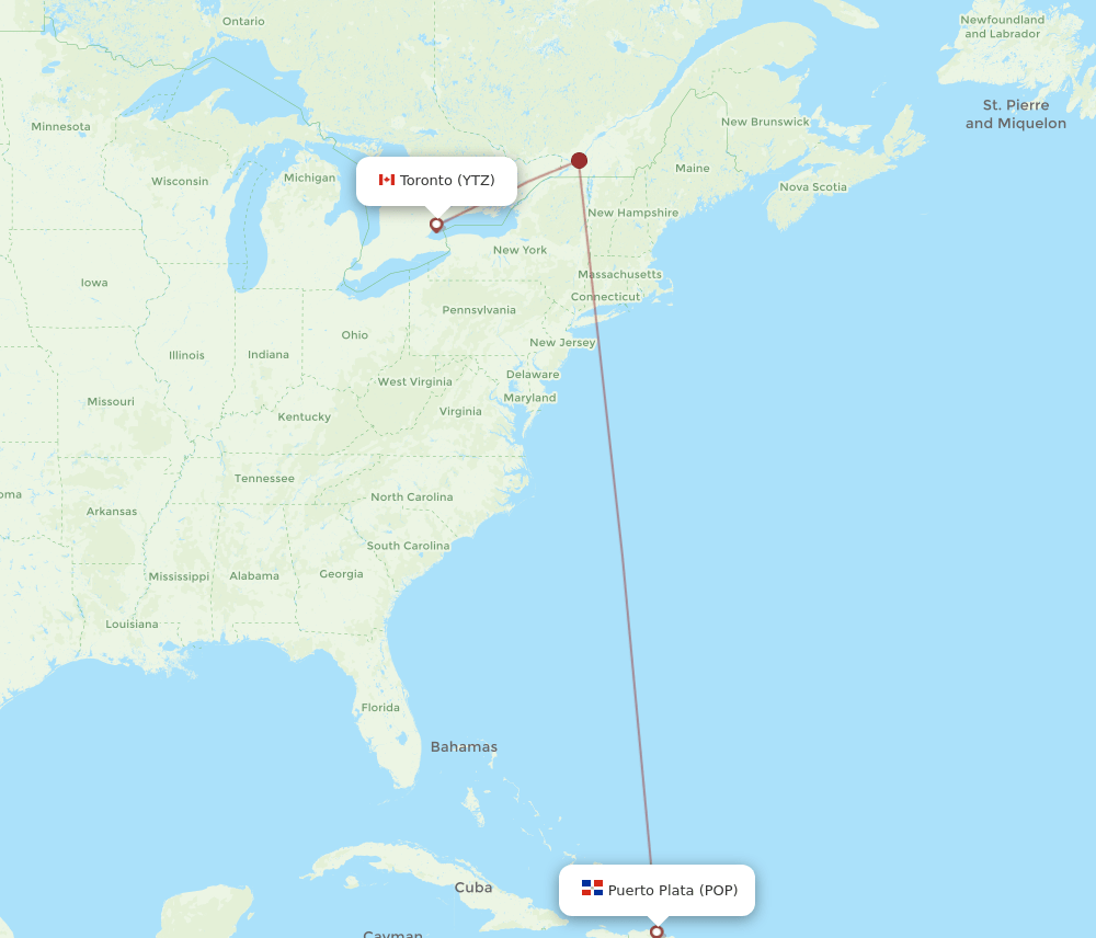 YTZ to POP flights and routes map
