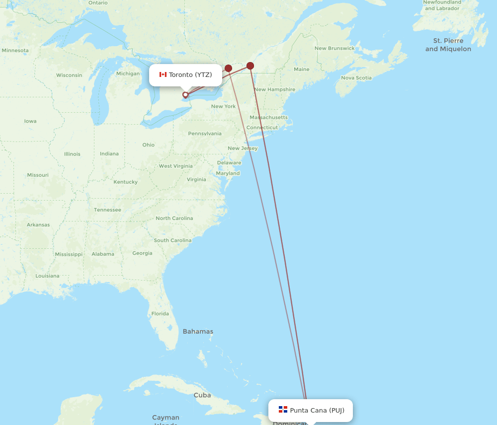 YTZ to PUJ flights and routes map