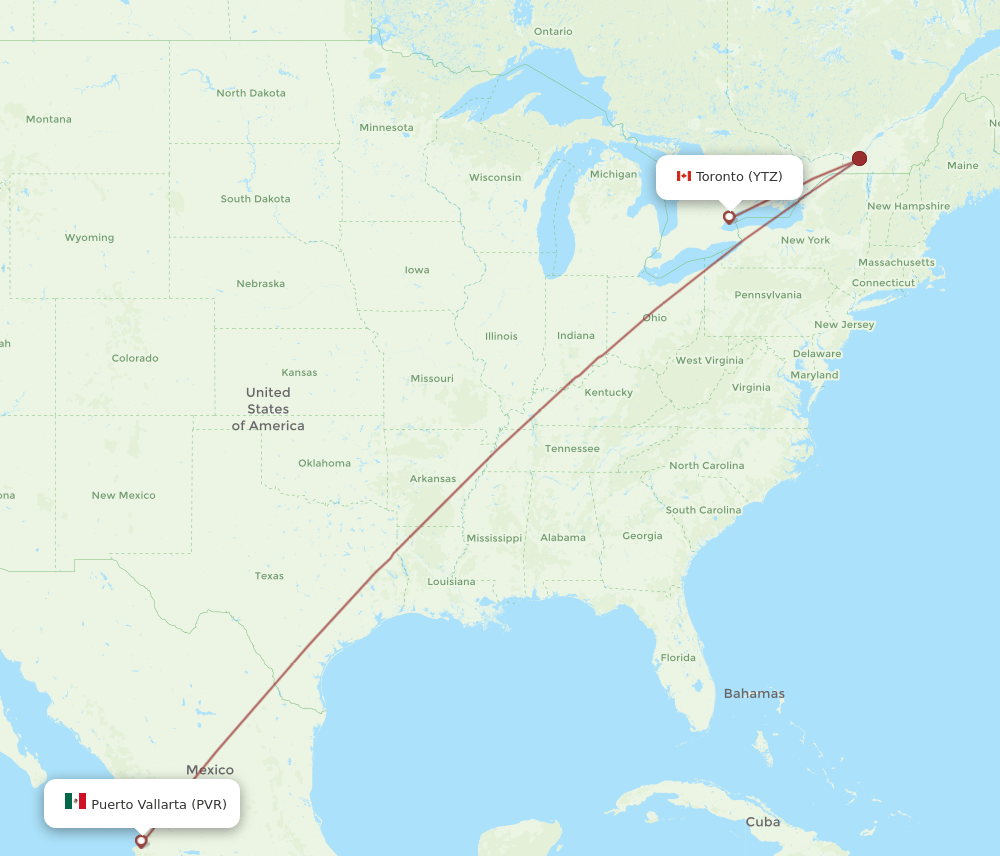 Puerto Vallarta - Toronto route map and flight paths