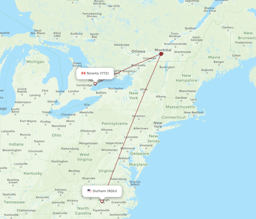 YTZ to RDU flights and routes map