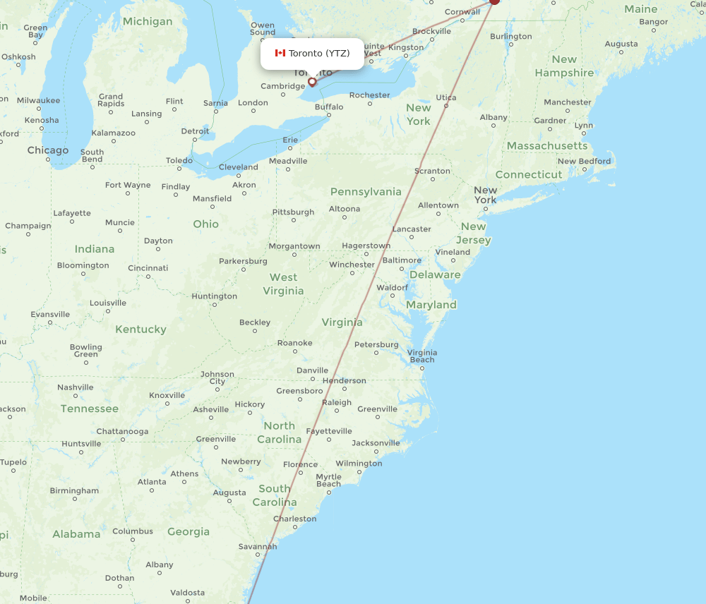 YTZ to TPA flights and routes map