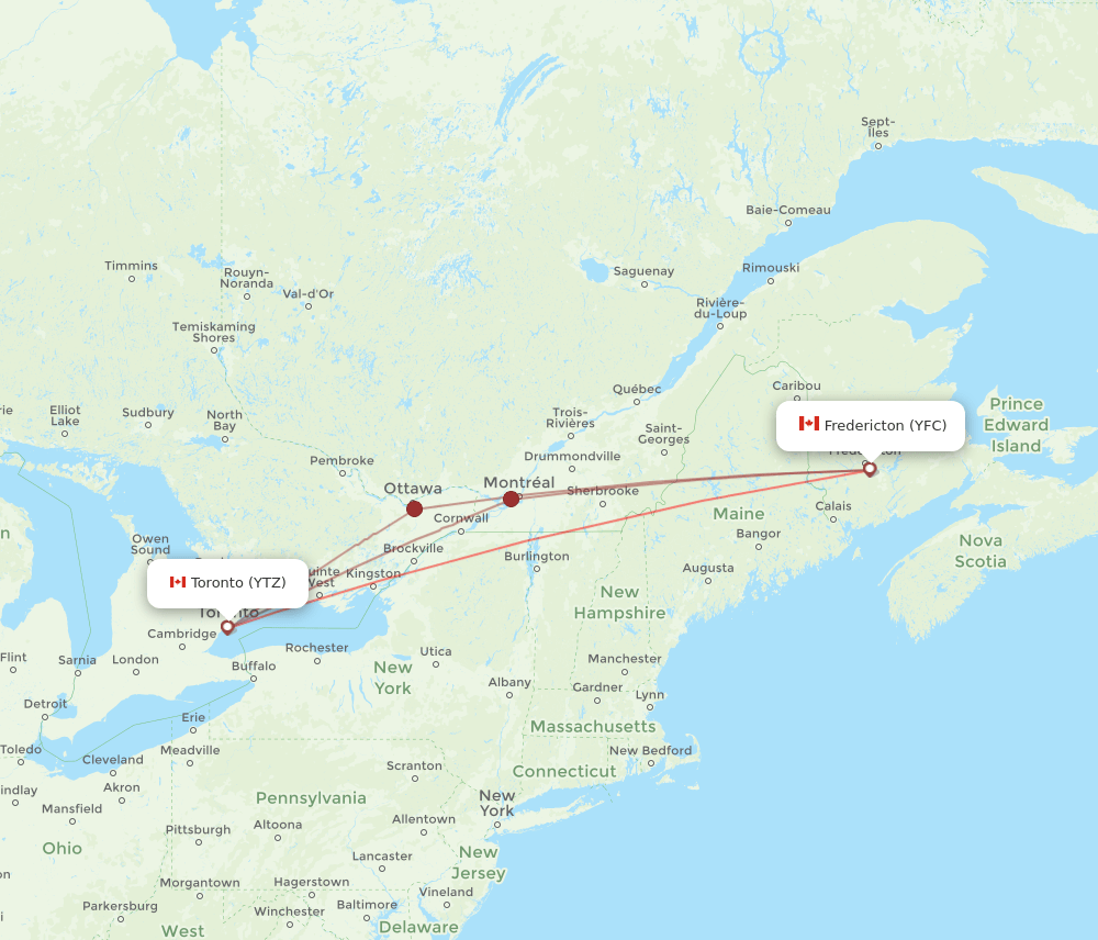 YTZ to YFC flights and routes map