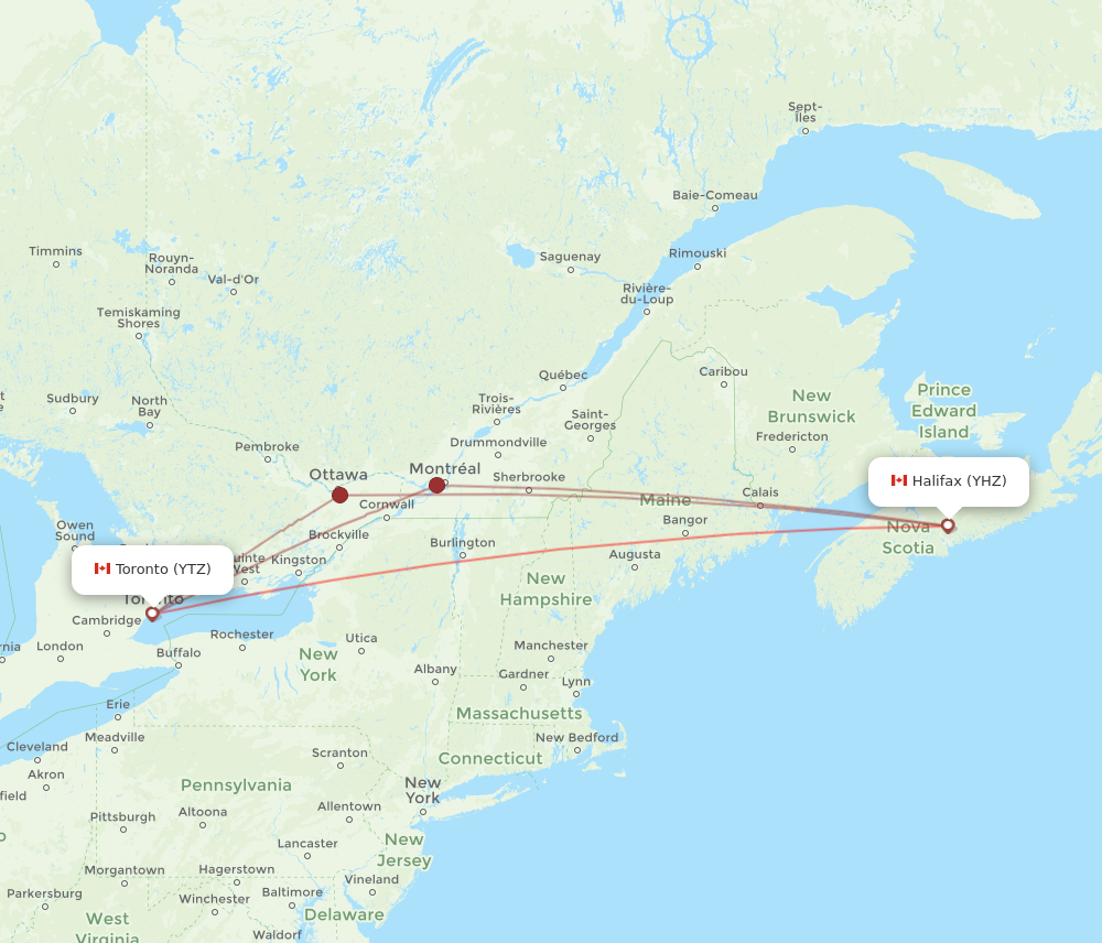 YTZ to YHZ flights and routes map