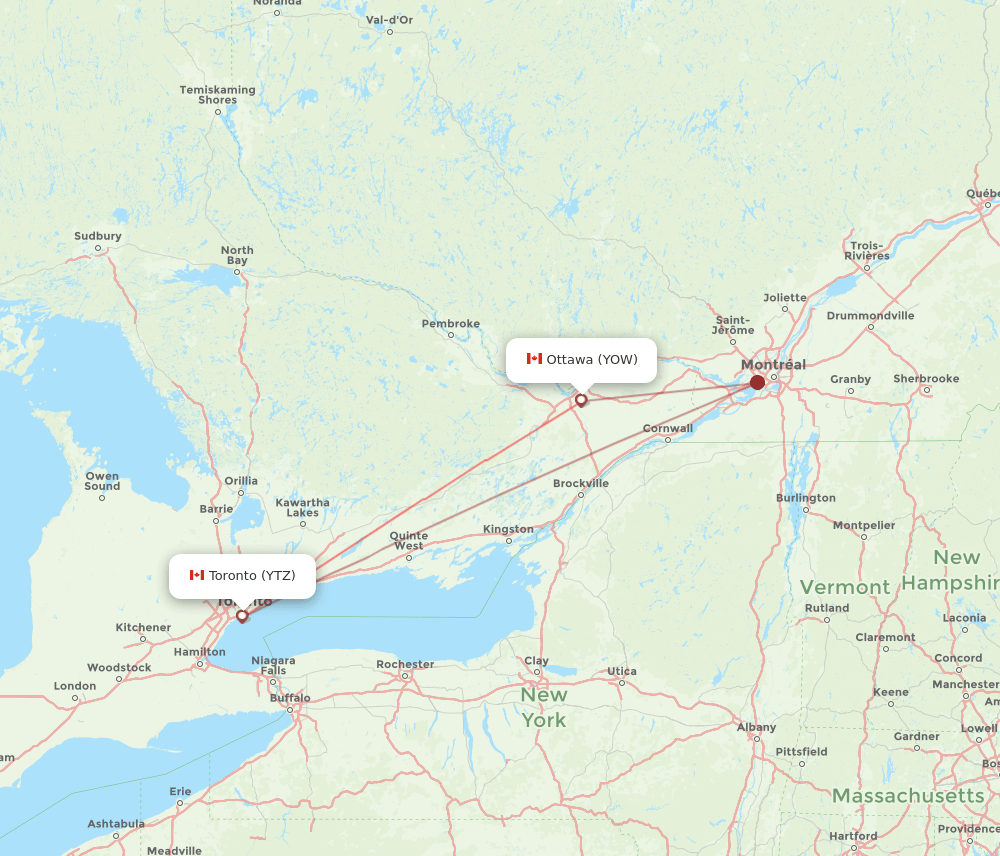 YTZ to YOW flights and routes map