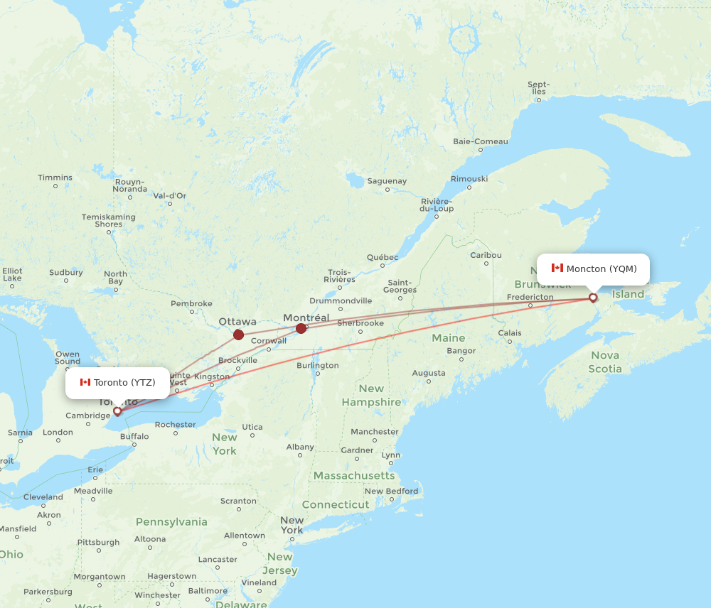 YTZ to YQM flights and routes map
