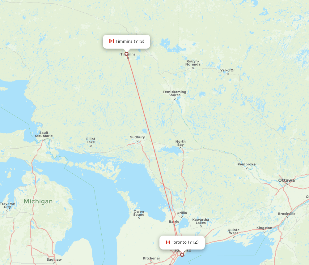 Toronto - Timmins route map and flight paths