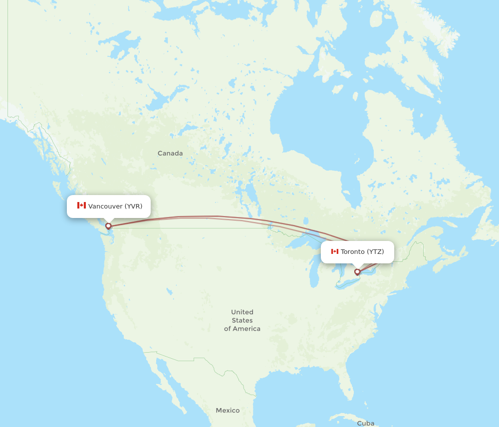 YTZ to YVR flights and routes map