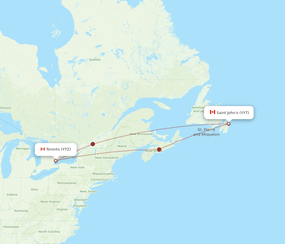 YYT to YTZ flights and routes map