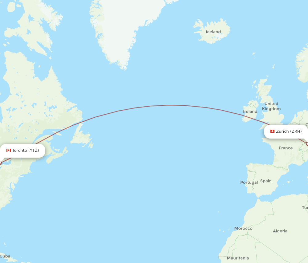 Zurich - Toronto route map and flight paths