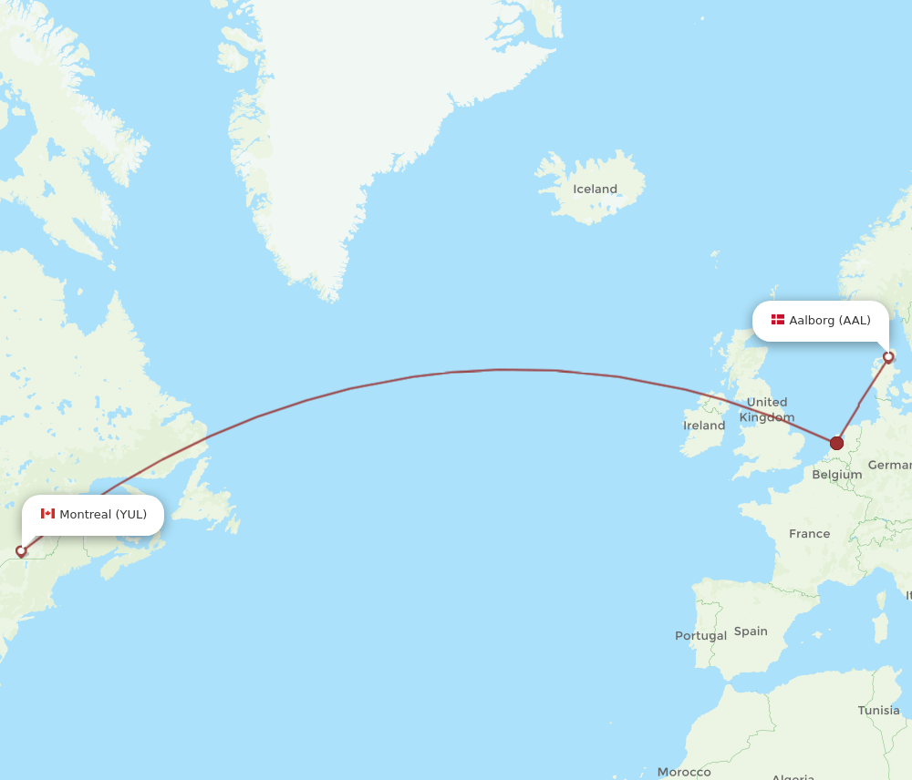 YUL to AAL flights and routes map