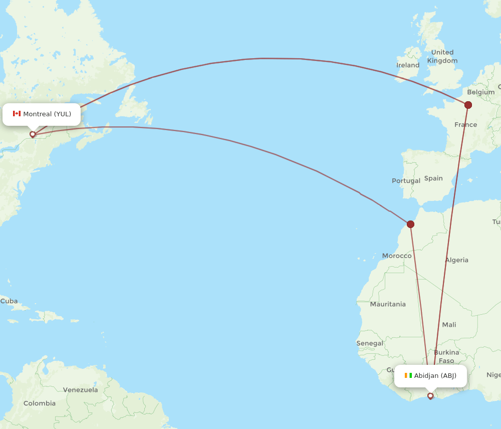 YUL to ABJ flights and routes map
