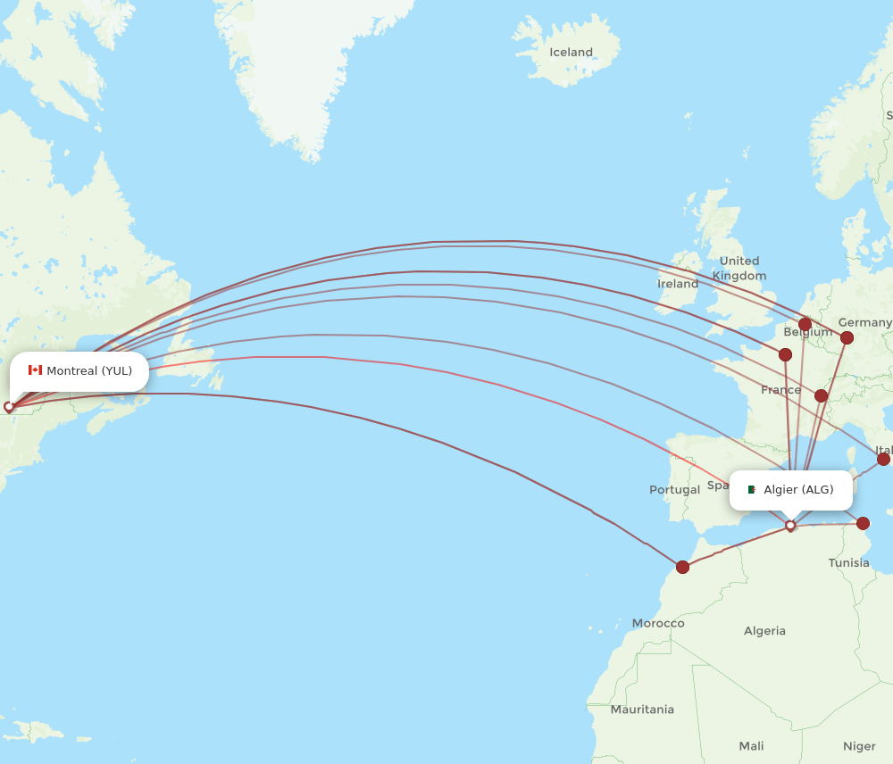 YUL to ALG flights and routes map