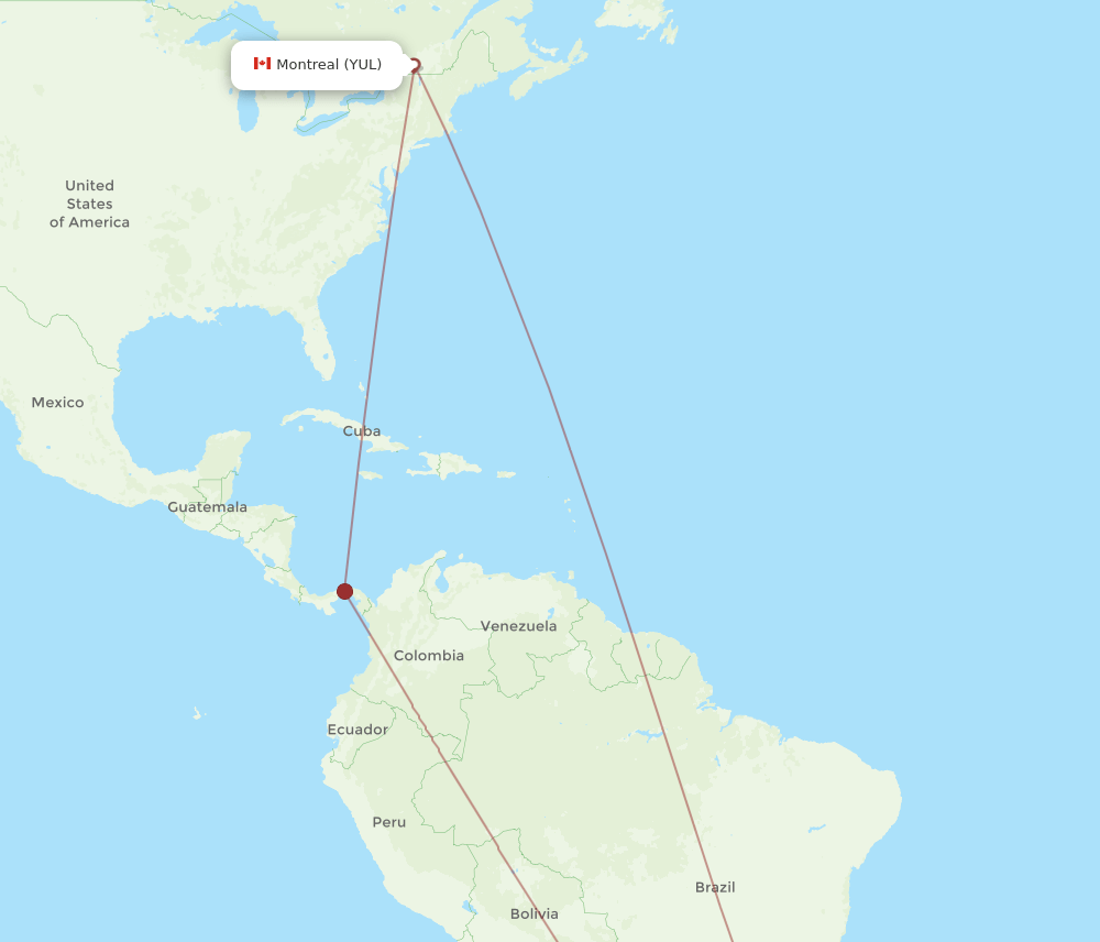 Asuncion - Montreal route map and flight paths