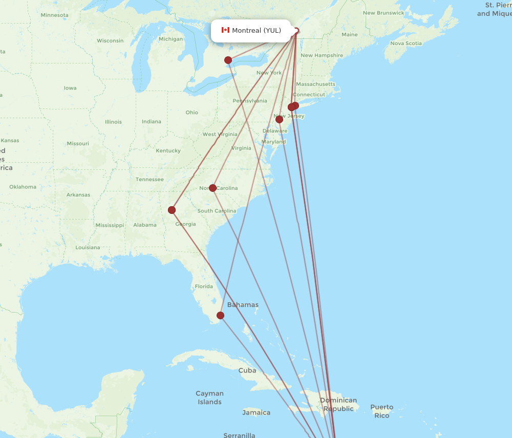 YUL to AUA flights and routes map