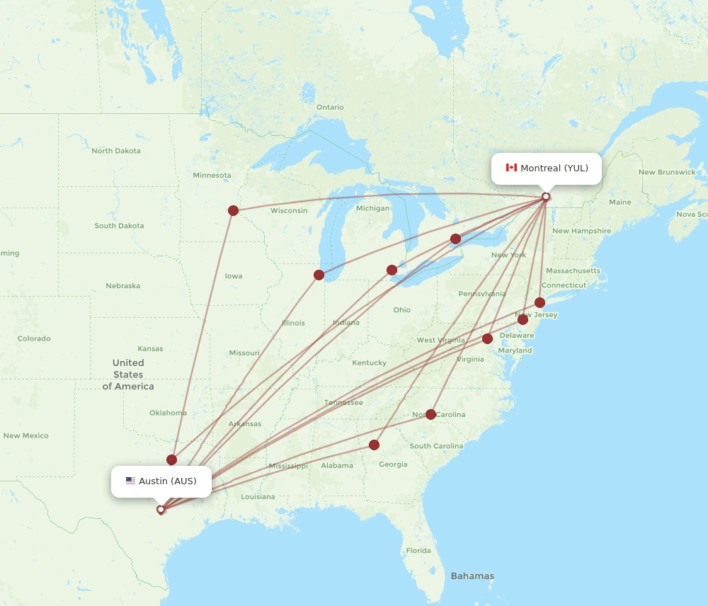 YUL-AUS flight routes