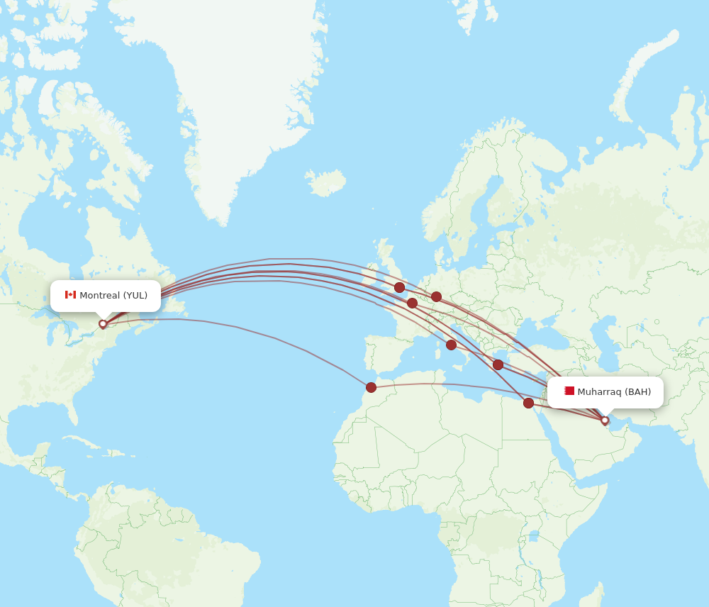 YUL to BAH flights and routes map