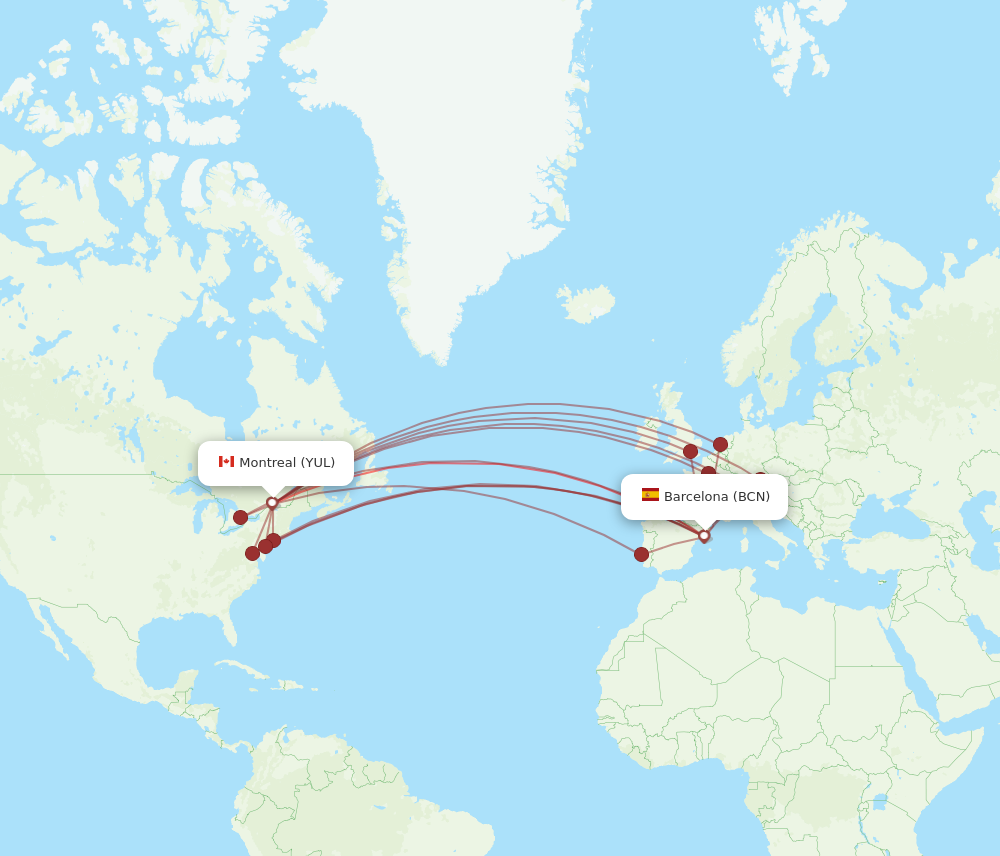 YUL to BCN flights and routes map