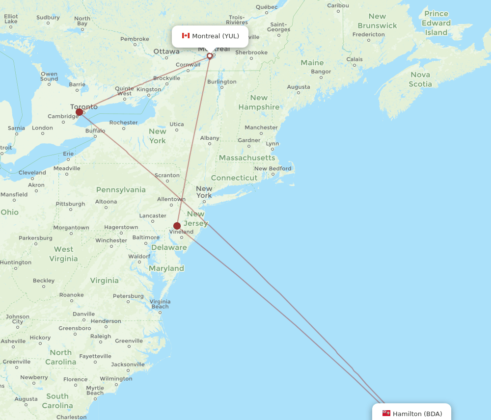 YUL to BDA flights and routes map