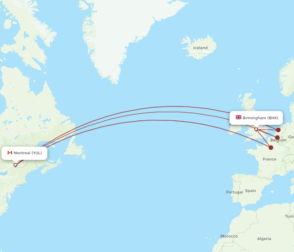 YUL to BHX flights and routes map