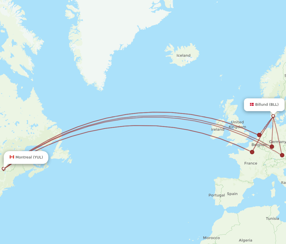 YUL to BLL flights and routes map