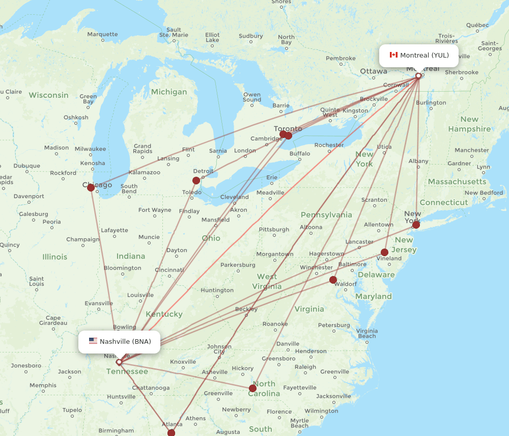 YUL-BNA flight routes