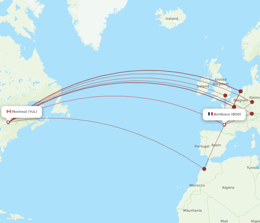 YUL to BOD flights and routes map