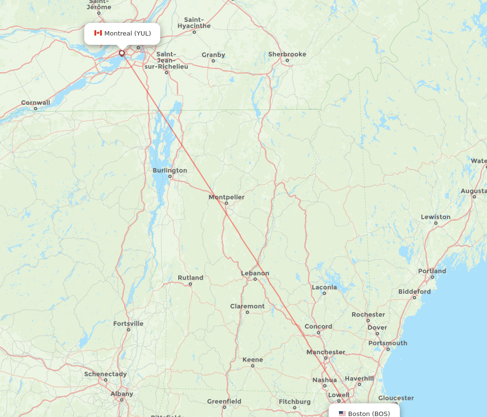 Montreal - Boston route map and flight paths