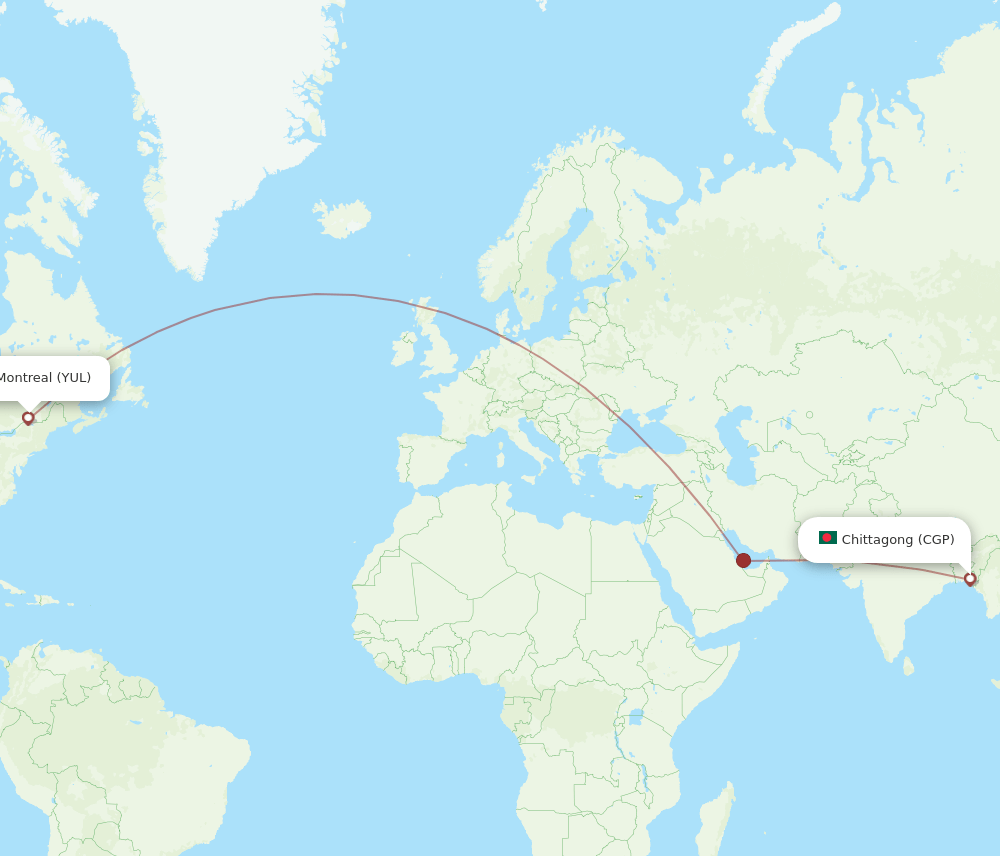Montreal - Chittagong route map and flight paths