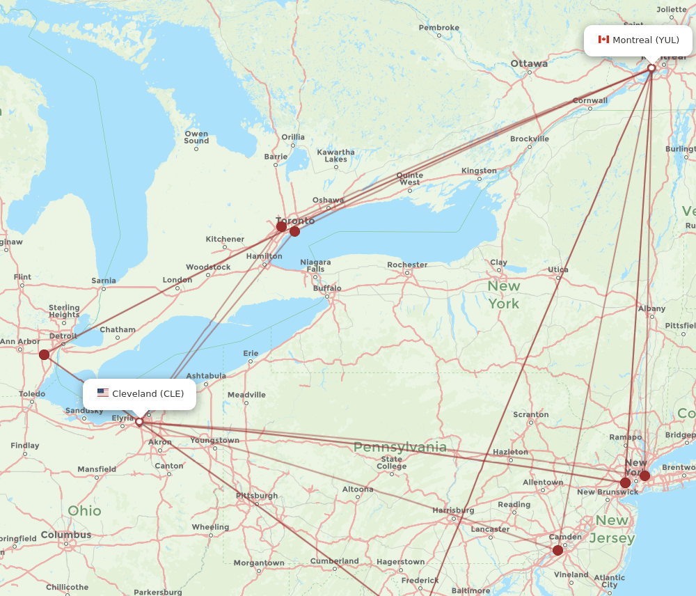 YUL to CLE flights and routes map