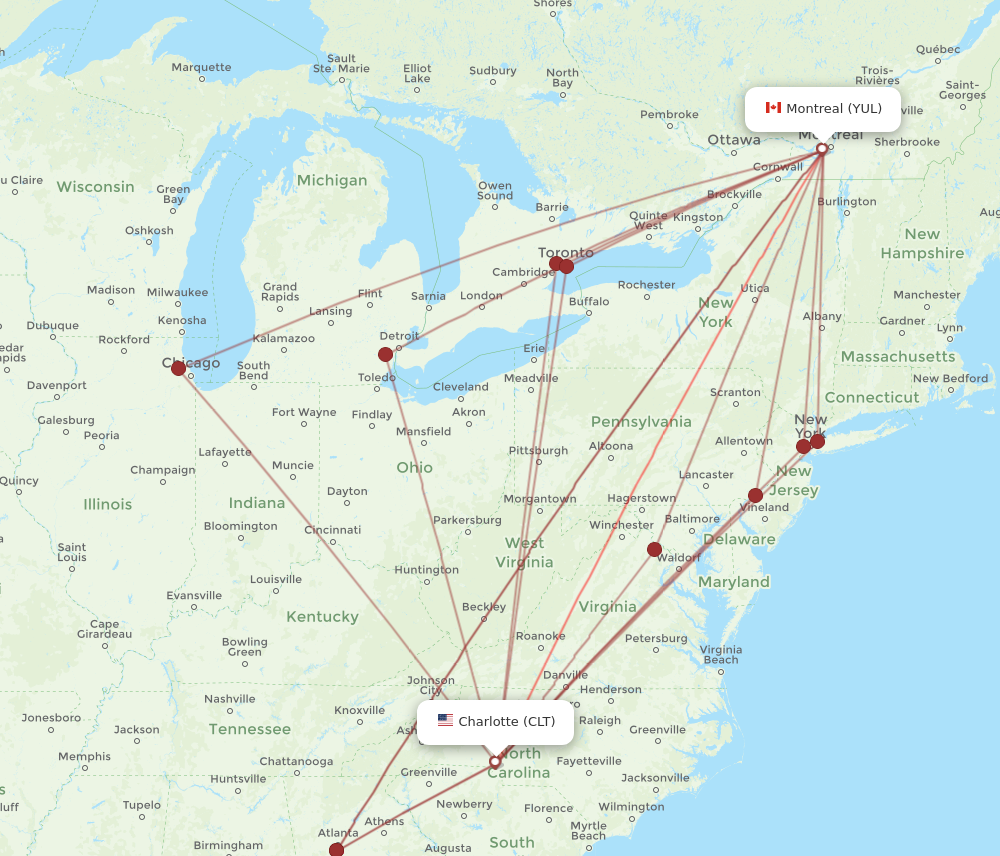 YUL to CLT flights and routes map