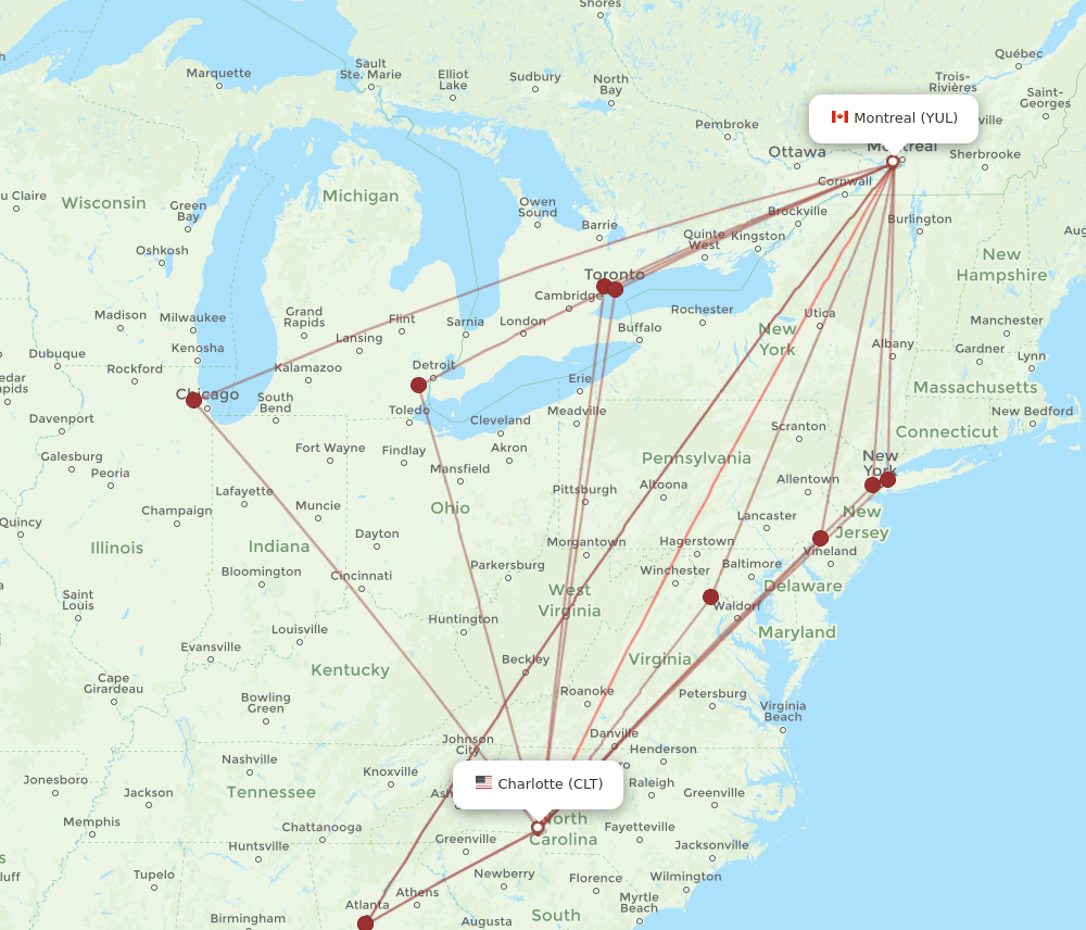 YUL-CLT flight routes