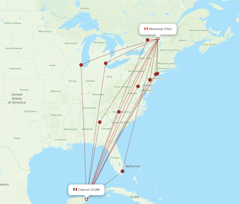 YUL to CUN flights and routes map