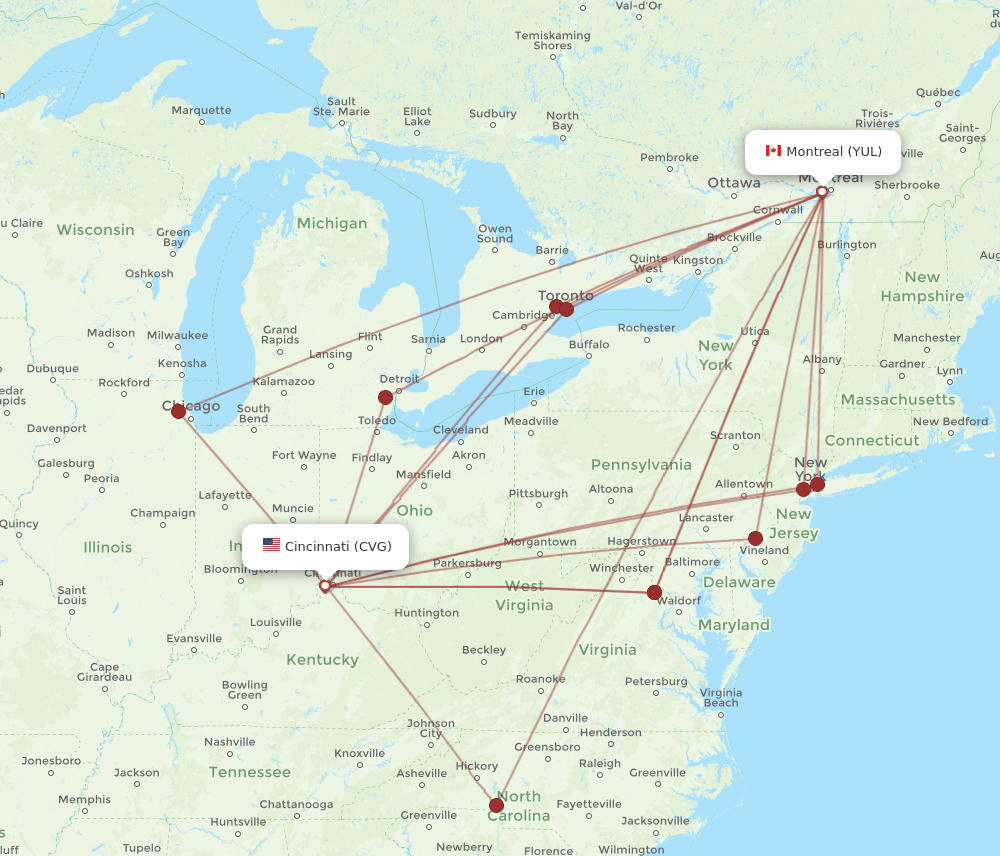 YUL to CVG flights and routes map