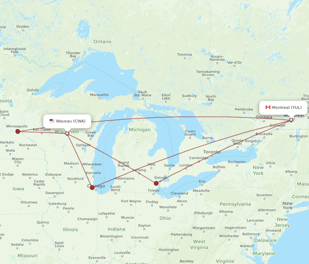 YUL-CWA flight routes