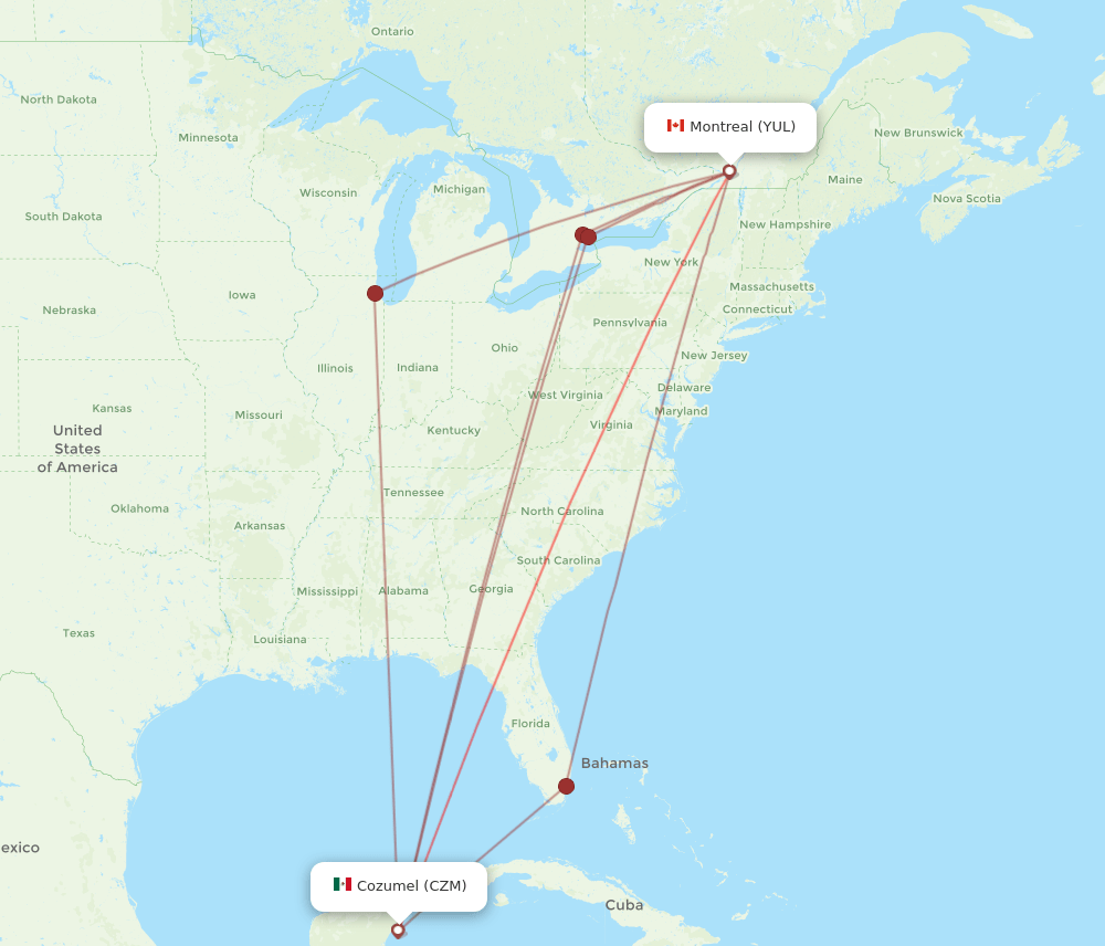 YUL to CZM flights and routes map