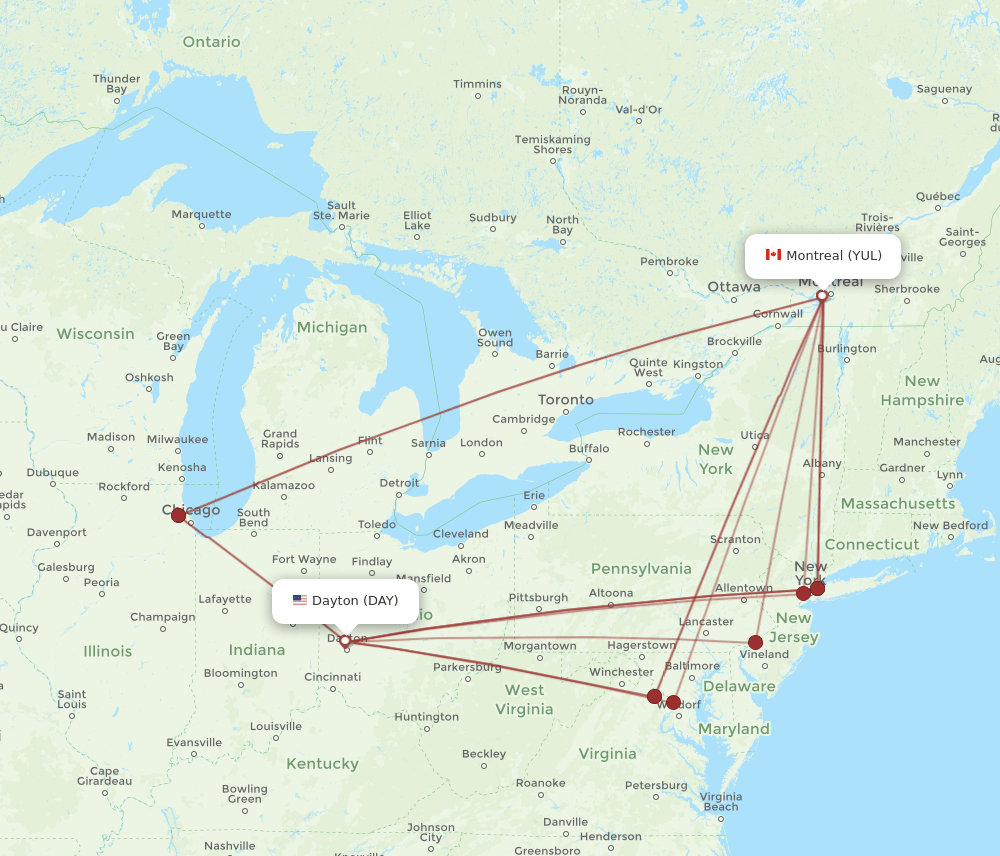 YUL to DAY flights and routes map