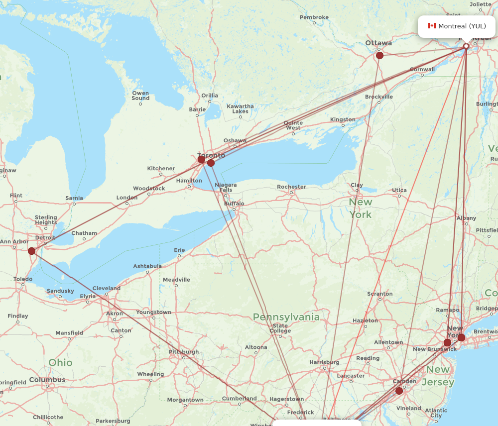 YUL to DCA flights and routes map