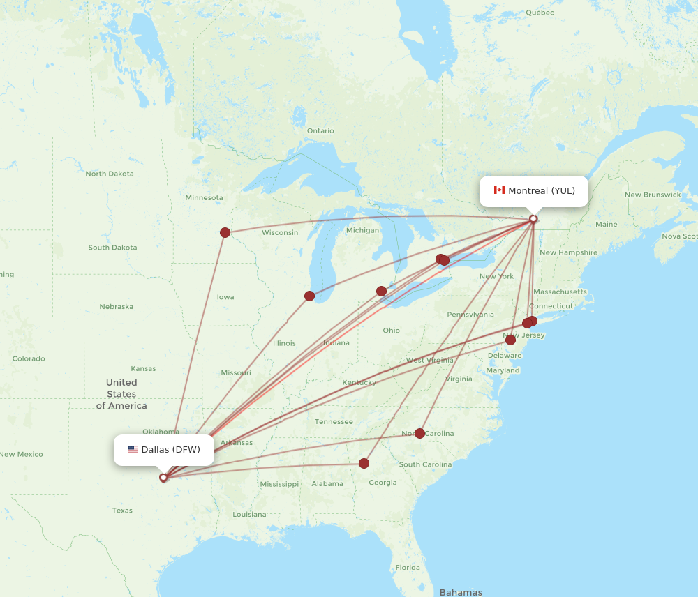 YUL to DFW flights and routes map