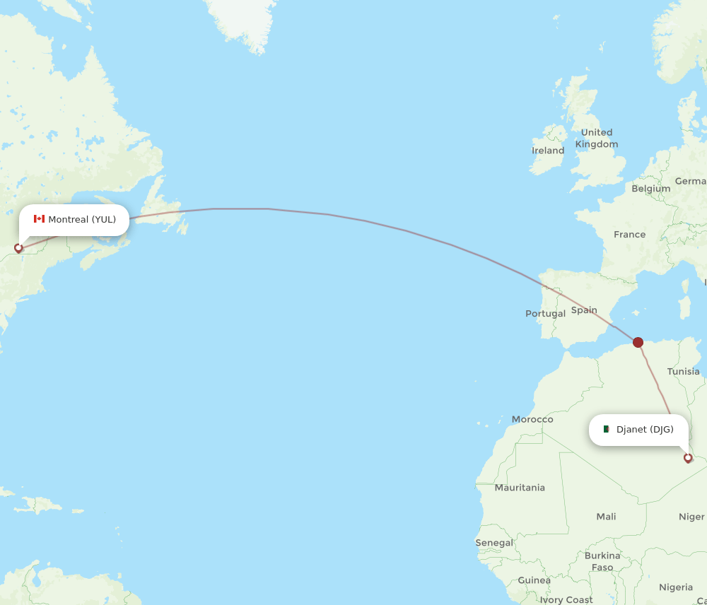 YUL to DJG flights and routes map