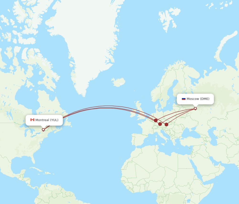 Montreal - Moscow route map and flight paths