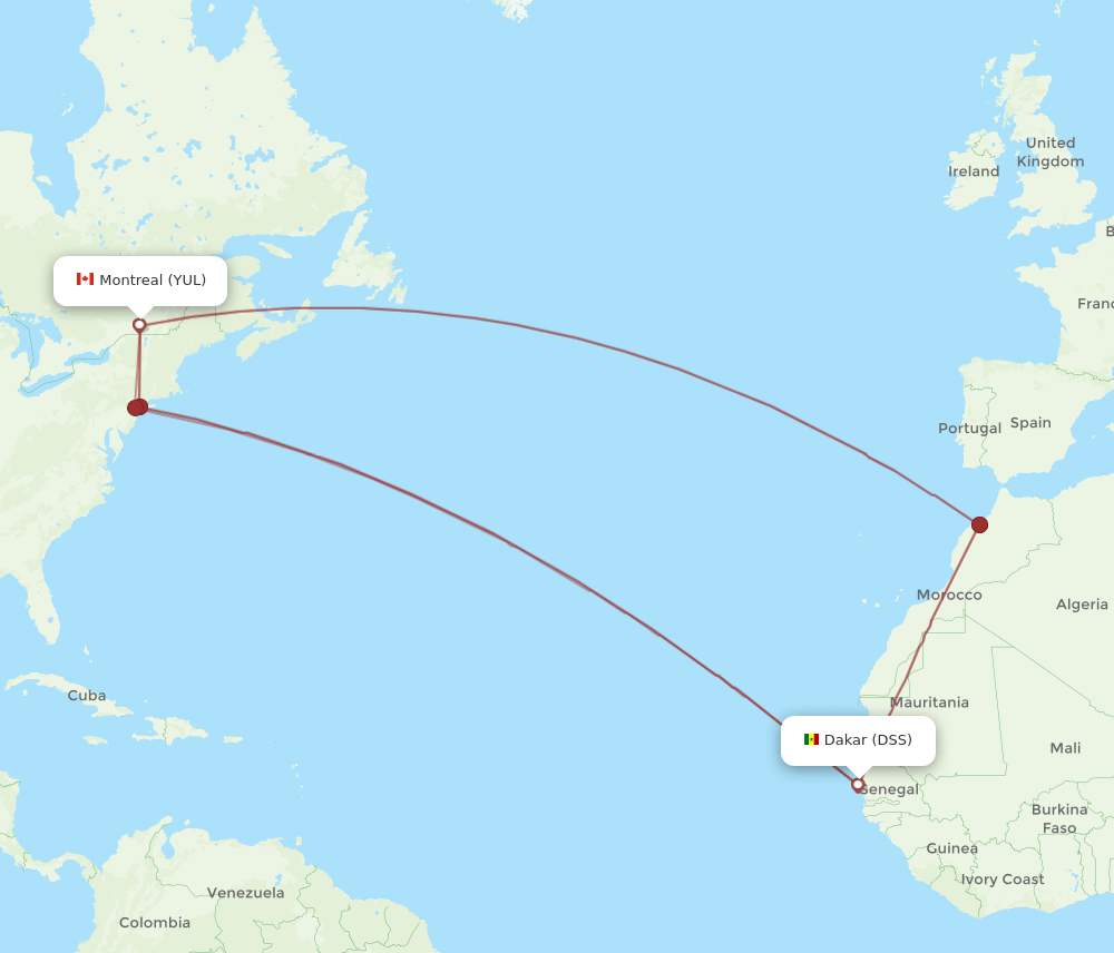 YUL to DSS flights and routes map
