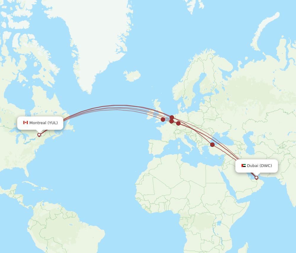 Montreal - Dubai route map and flight paths