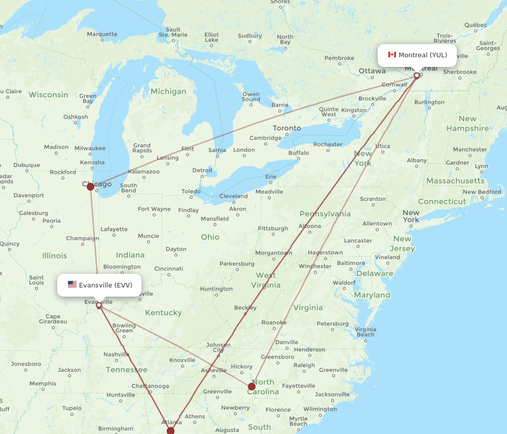 YUL to EVV flights and routes map