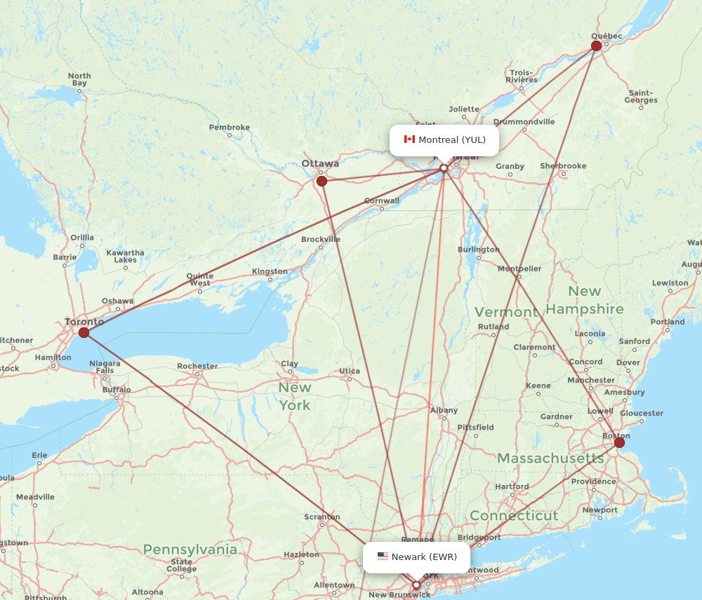 YUL to EWR flights and routes map