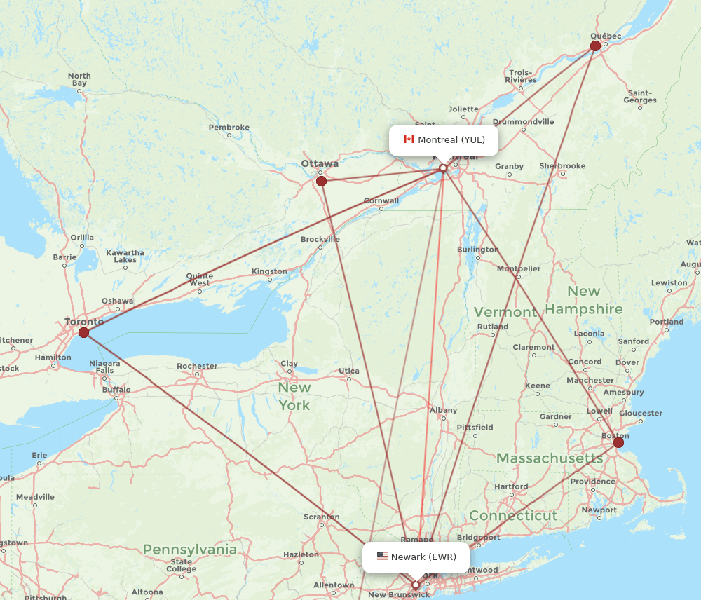 YUL-EWR flight routes