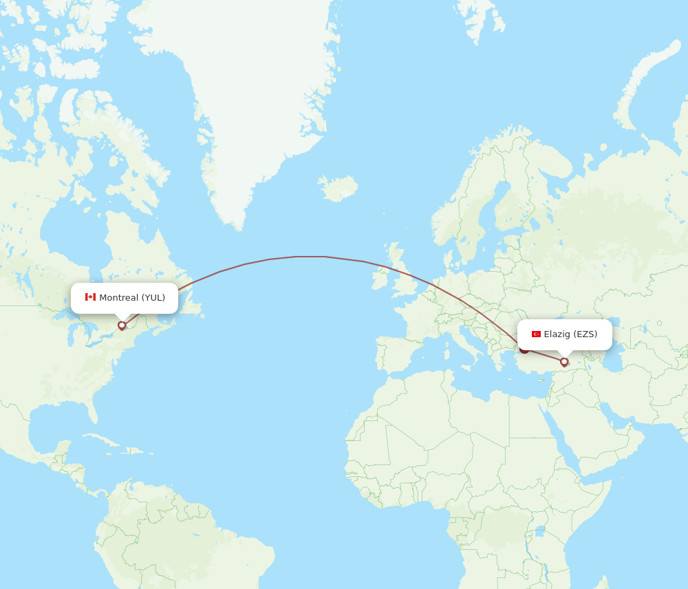 Montreal - Elazig route map and flight paths