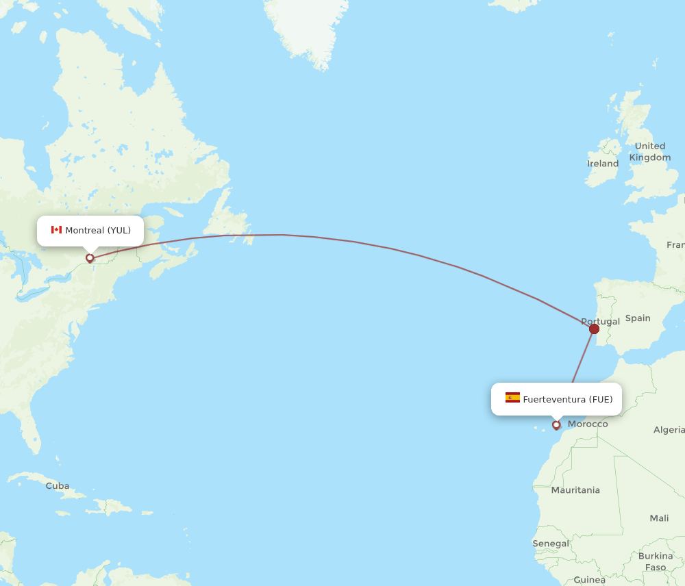 Montreal - Puerto del Rosario route map and flight paths